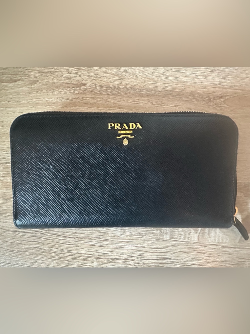 Prada Black Saffiano Leather Continental Wallet with Gold Logo